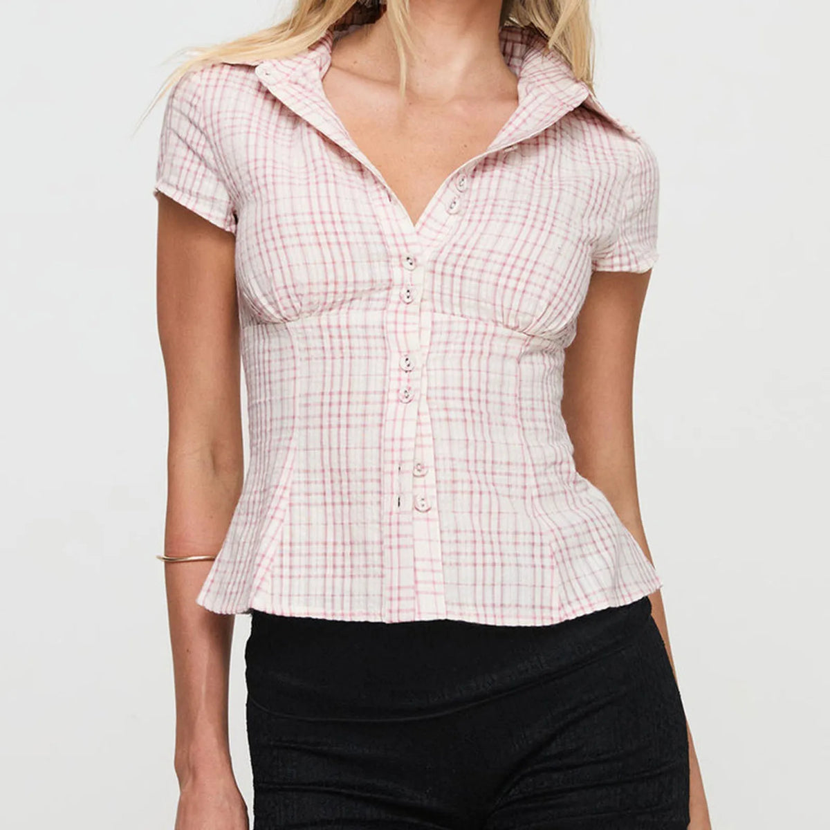 Plaid Fitted Short-Sleeve Button-Down Top