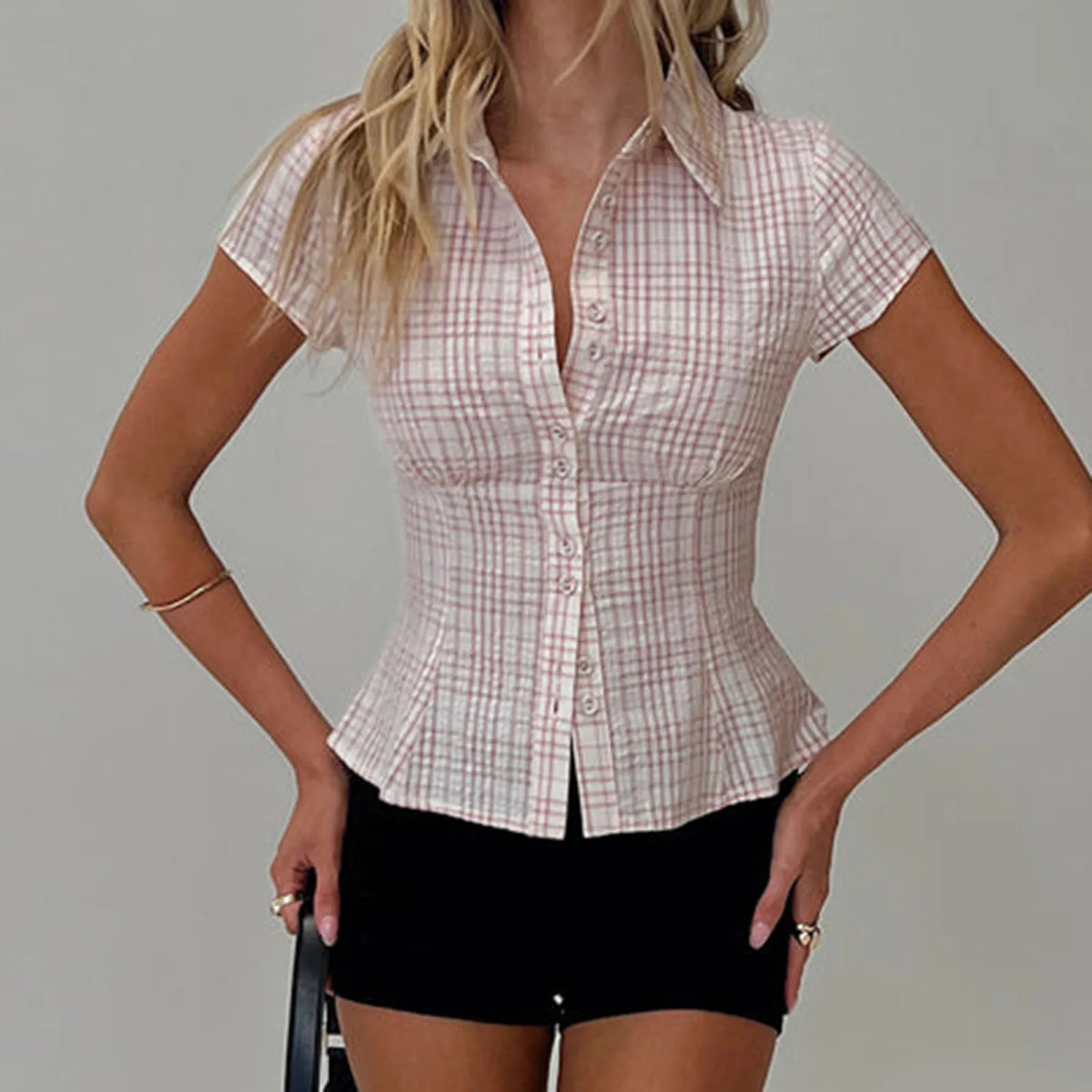 Plaid Fitted Short-Sleeve Button-Down Top