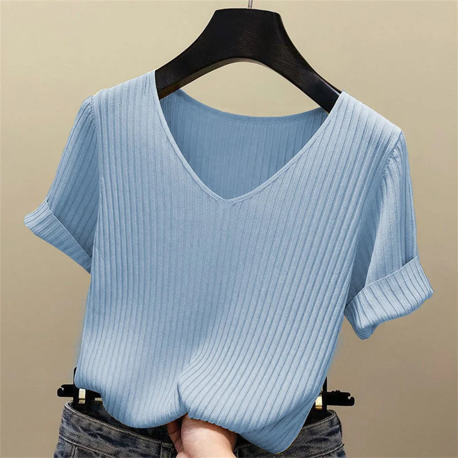 Ribbed V-Neck Short Sleeve Top
