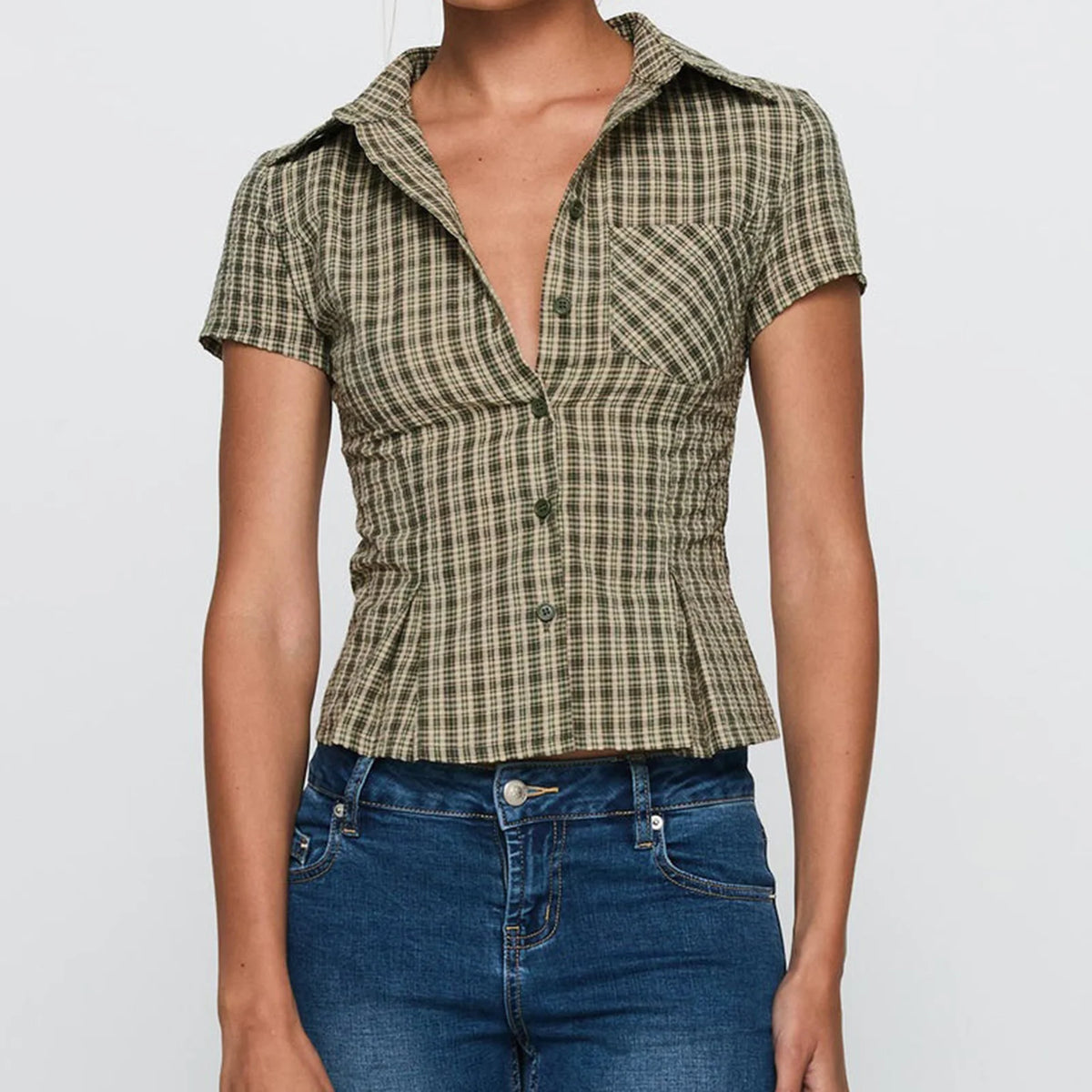 Plaid Fitted Short-Sleeve Button-Down Top