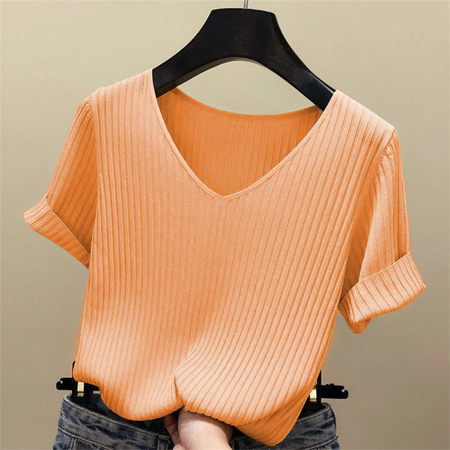 Ribbed V-Neck Short Sleeve Top