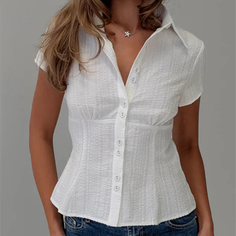 Plaid Fitted Short-Sleeve Button-Down Top