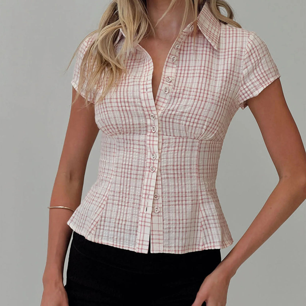 Plaid Fitted Short-Sleeve Button-Down Top