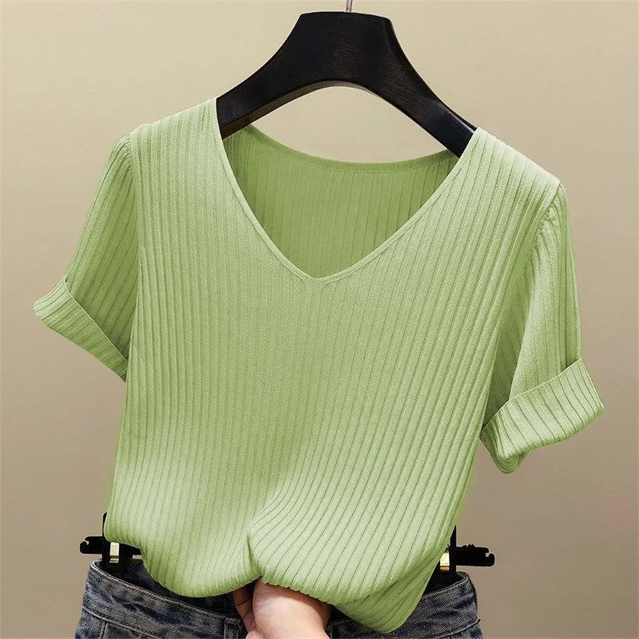 Ribbed V-Neck Short Sleeve Top