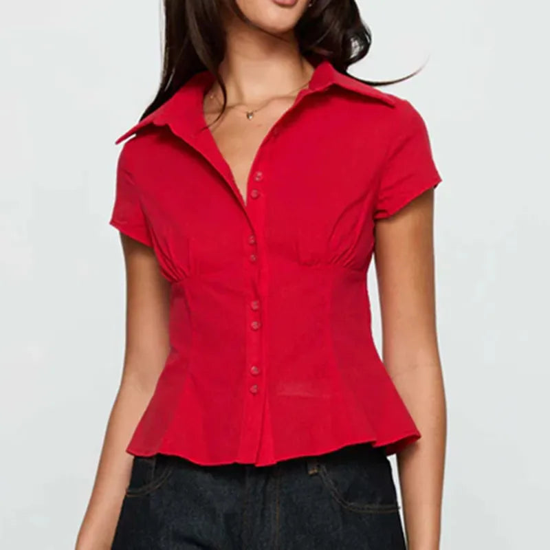 Plaid Fitted Short-Sleeve Button-Down Top