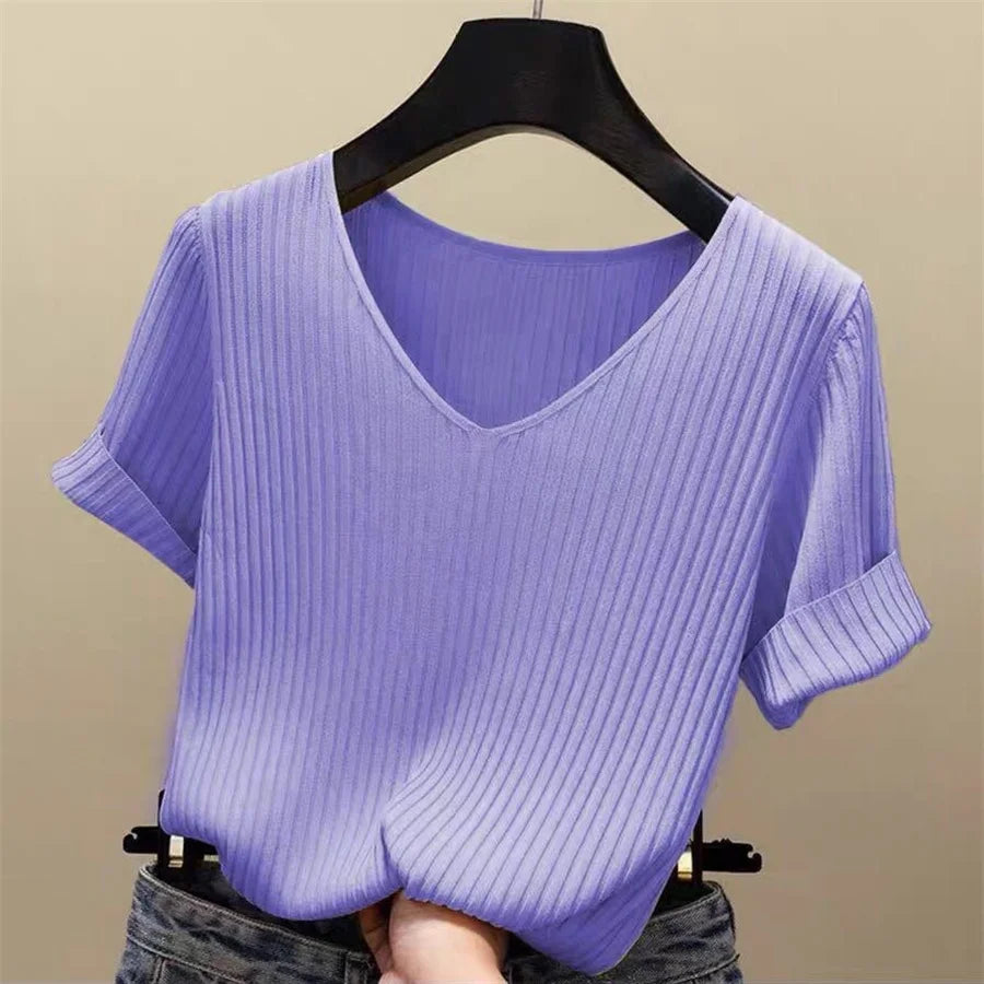 Ribbed V-Neck Short Sleeve Top