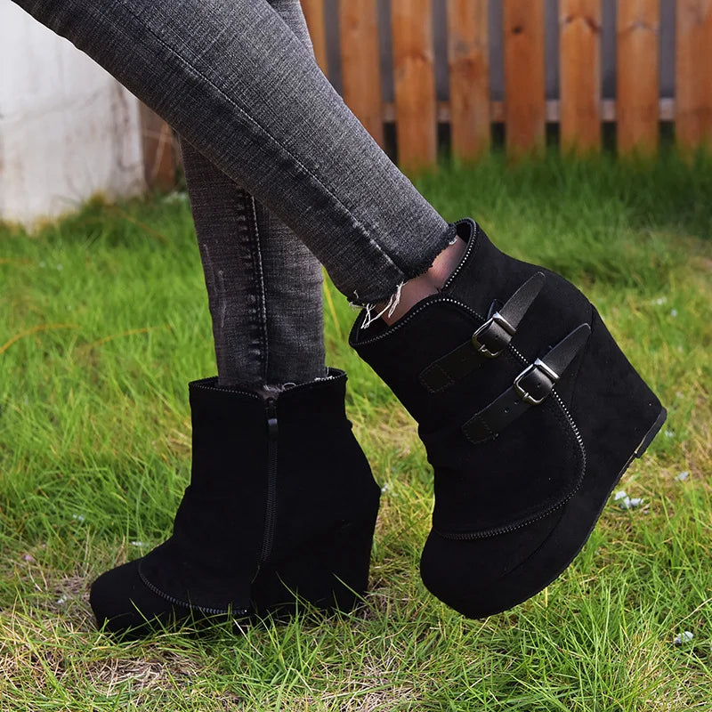 Suede-Style Buckle Ankle Boots