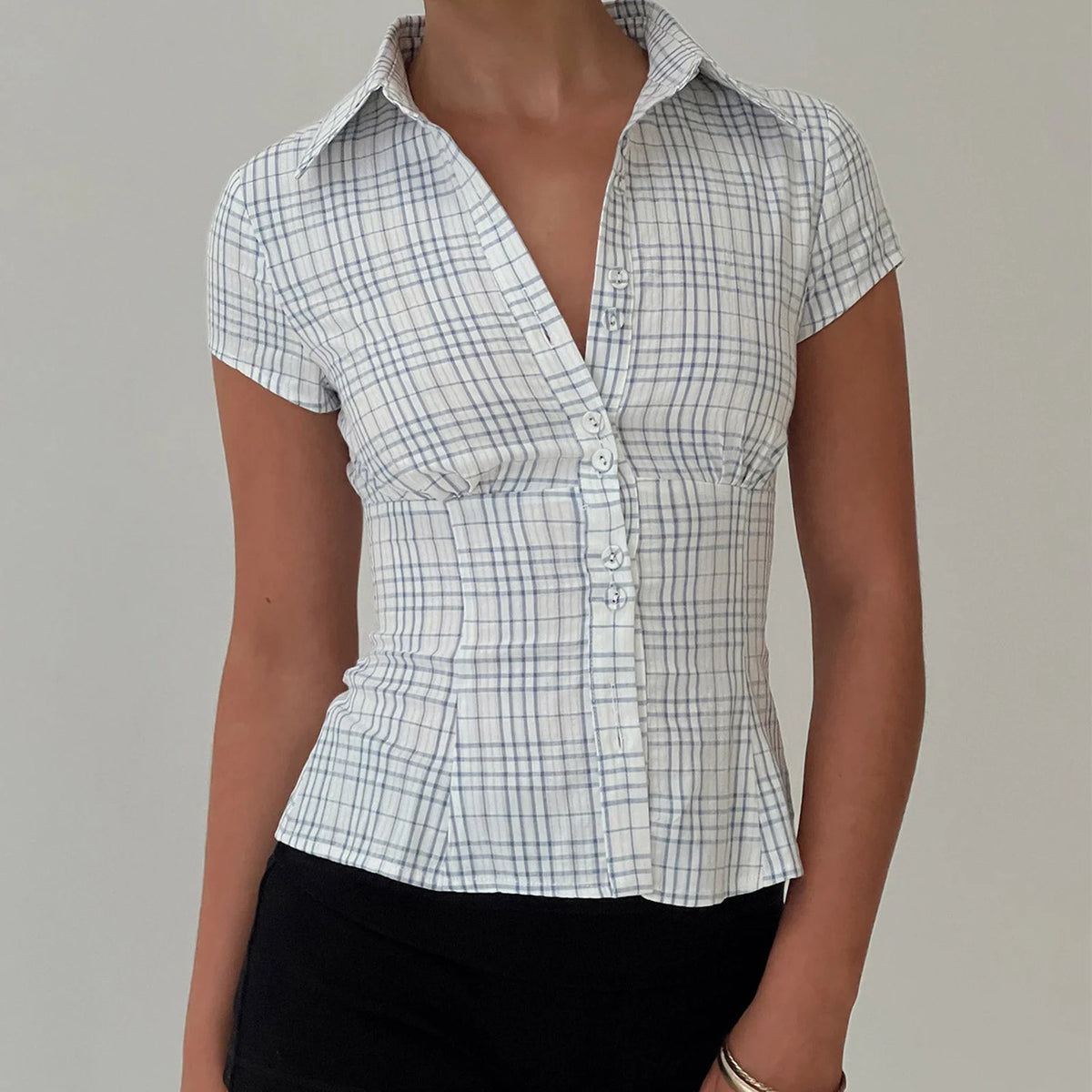 Plaid Fitted Short-Sleeve Button-Down Top