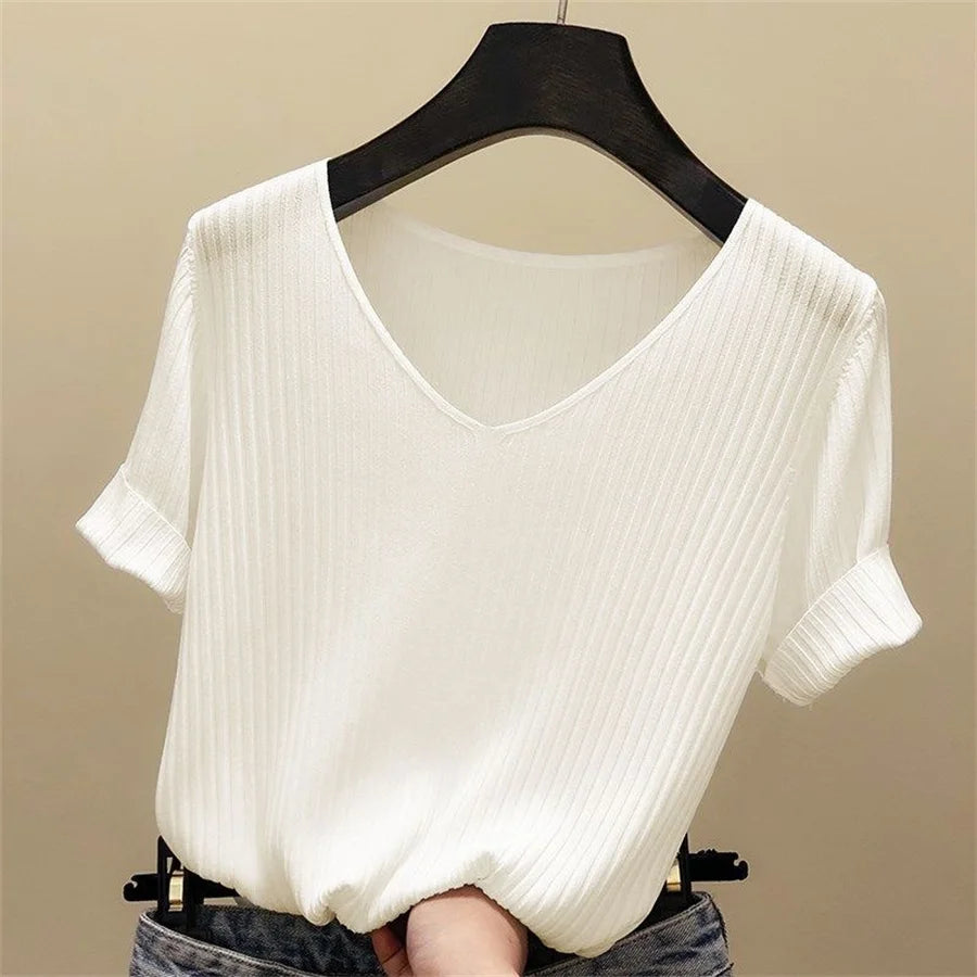 Ribbed V-Neck Short Sleeve Top