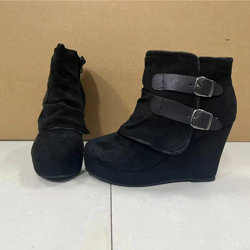 Suede-Style Buckle Ankle Boots